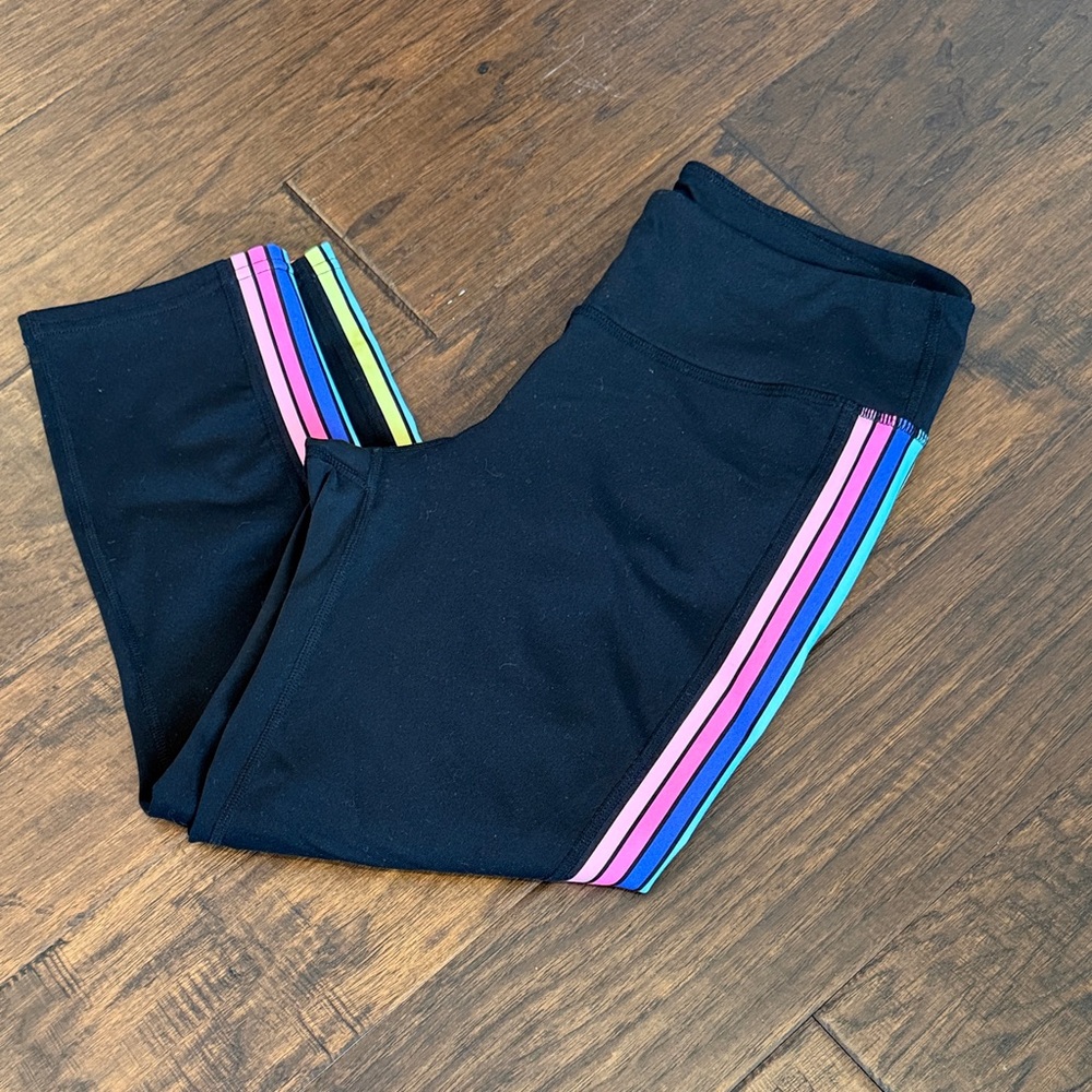 Women’s capri Black Leggings with Rainbow Stripes